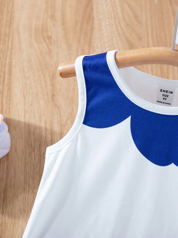 Young Girl Cute Casual Sleeveless Digital Flower Print A-Line Dress With Round Neckline For Summer