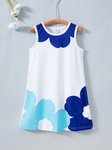 Young Girl Cute Casual Sleeveless Digital Flower Print A-Line Dress With Round Neckline For Summer