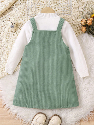 Young Girl Cute Casual Vintage Ditsy Floral Print Embroidery Overall Dress Without Tee, Fall & Winter