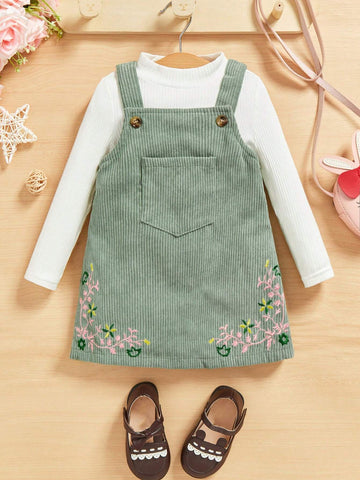Young Girl Cute Casual Vintage Ditsy Floral Print Embroidery Overall Dress Without Tee, Fall & Winter