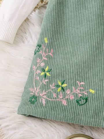 Young Girl Cute Casual Vintage Ditsy Floral Print Embroidery Overall Dress Without Tee, Fall & Winter