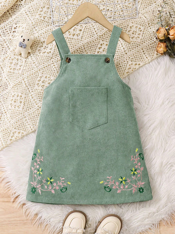 Young Girl Cute Casual Vintage Ditsy Floral Print Embroidery Overall Dress Without Tee, Fall & Winter