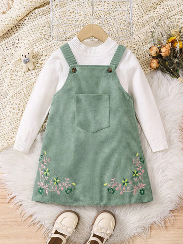 Young Girl Cute Casual Vintage Ditsy Floral Print Embroidery Overall Dress Without Tee, Fall & Winter