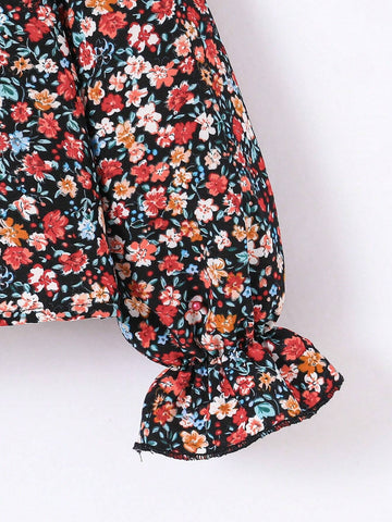 Young Girl Cute Casual Vintage Ditsy Floral Print Ruffle Trim Flounce Sleeve Blouse ,Fall & Winter, Must-Have