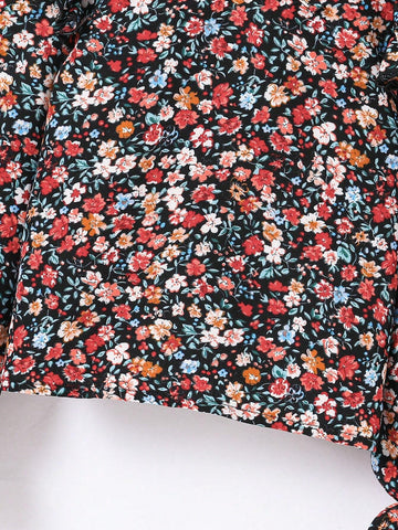 Young Girl Cute Casual Vintage Ditsy Floral Print Ruffle Trim Flounce Sleeve Blouse ,Fall & Winter, Must-Have