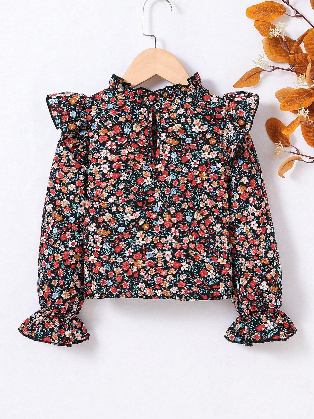 Young Girl Cute Casual Vintage Ditsy Floral Print Ruffle Trim Flounce Sleeve Blouse ,Fall & Winter, Must-Have