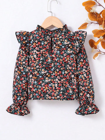 Young Girl Cute Casual Vintage Ditsy Floral Print Ruffle Trim Flounce Sleeve Blouse ,Fall & Winter, Must-Have