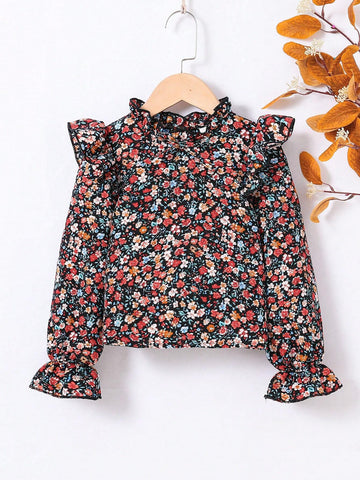 Young Girl Cute Casual Vintage Ditsy Floral Print Ruffle Trim Flounce Sleeve Blouse ,Fall & Winter, Must-Have
