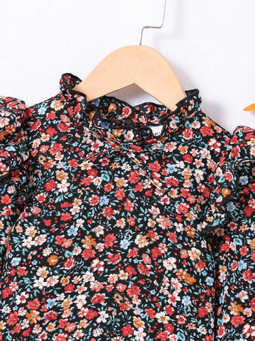 Young Girl Cute Casual Vintage Ditsy Floral Print Ruffle Trim Flounce Sleeve Blouse ,Fall & Winter, Must-Have