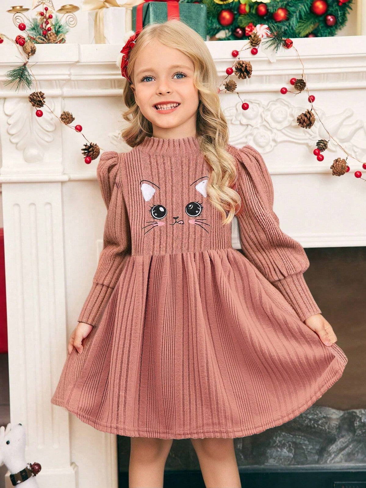 Young Girl Cute Cat Cartoon Embroidery Mock Neck Lantern Sleeve Dress, A-Line Dress, Elegant Long Sleeve Cake Dress