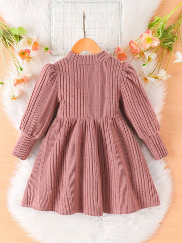 Young Girl Cute Cat Cartoon Embroidery Mock Neck Lantern Sleeve Dress, A-Line Dress, Elegant Long Sleeve Cake Dress