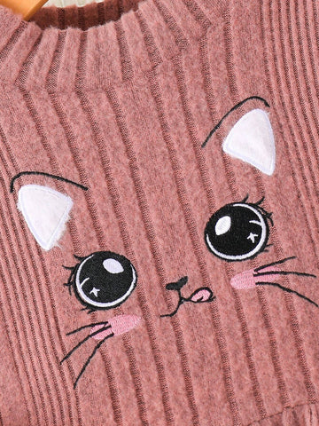 Young Girl Cute Cat Cartoon Embroidery Mock Neck Lantern Sleeve Dress, A-Line Dress, Elegant Long Sleeve Cake Dress