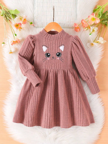 Young Girl Cute Cat Cartoon Embroidery Mock Neck Lantern Sleeve Dress, A-Line Dress, Elegant Long Sleeve Cake Dress