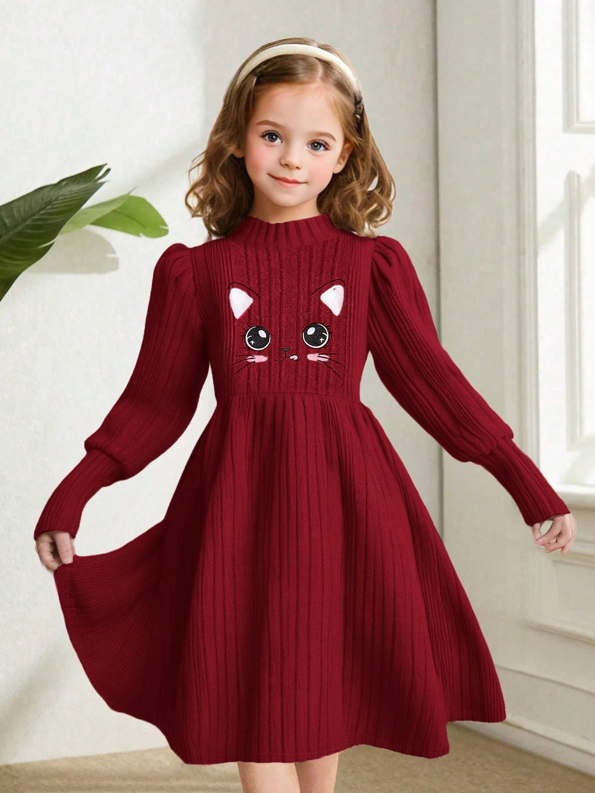 Young Girl Cute Cat Cartoon Embroidery Mock Neck Lantern Sleeve Dress , A-Line Dress, Elegant Long Sleeve Cake Dress