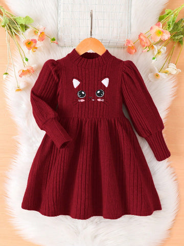 Young Girl Cute Cat Cartoon Embroidery Mock Neck Lantern Sleeve Dress , A-Line Dress, Elegant Long Sleeve Cake Dress