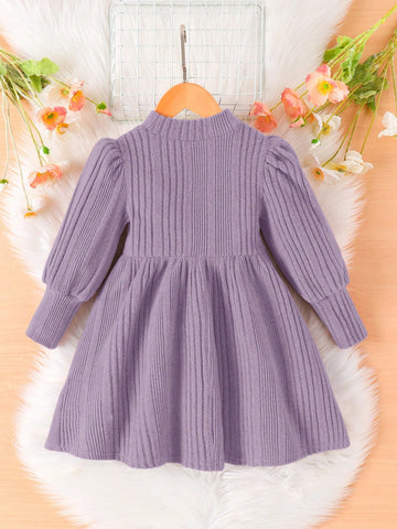 Young Girl Cute Cat Cartoon Embroidery Mock Neck Lantern Sleeve Dress , A-Line Dress, Elegant Long Sleeve Cake Dress