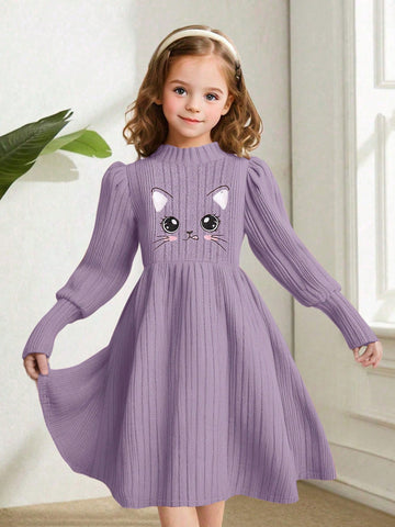 Young Girl Cute Cat Cartoon Embroidery Mock Neck Lantern Sleeve Dress , A-Line Dress, Elegant Long Sleeve Cake Dress