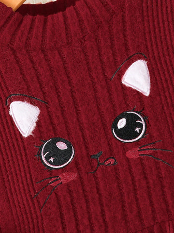 Young Girl Cute Cat Cartoon Embroidery Mock Neck Lantern Sleeve Dress , A-Line Dress, Elegant Long Sleeve Cake Dress