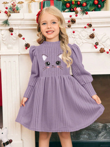 Young Girl Cute Cat Cartoon Embroidery Mock Neck Lantern Sleeve Dress , A-Line Dress, Elegant Long Sleeve Cake Dress