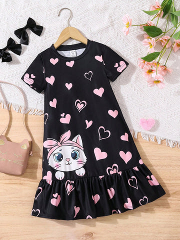 Young Girl Cute Cat Pattern Knit Loose Casual Round Neck Dress