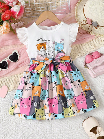 Young Girl Cute Cat Print Flared Sleeves Dress With Waist Belt Summer Style