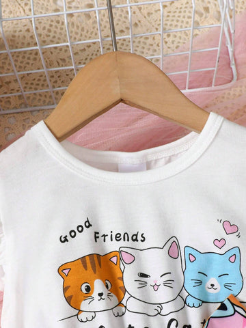 Young Girl Cute Cat Print Flared Sleeves Dress With Waist Belt Summer Style