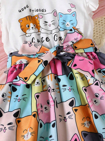 Young Girl Cute Cat Print Flared Sleeves Dress With Waist Belt Summer Style