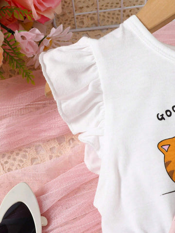 Young Girl Cute Cat Print Flared Sleeves Dress With Waist Belt Summer Style