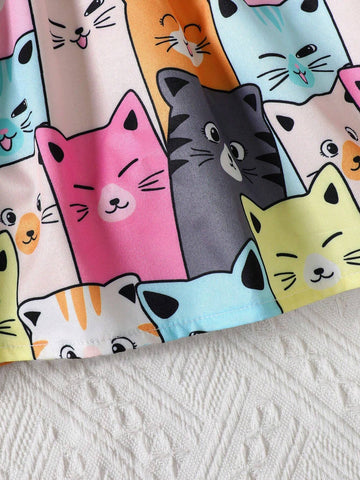 Young Girl Cute Cat Print Flared Sleeves Dress With Waist Belt Summer Style
