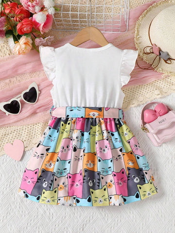 Young Girl Cute Cat Print Flared Sleeves Dress With Waist Belt Summer Style