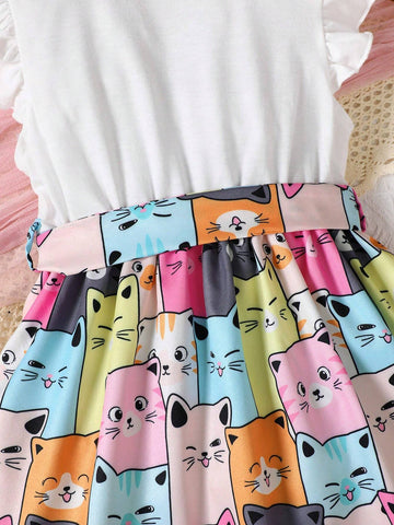 Young Girl Cute Cat Print Flared Sleeves Dress With Waist Belt Summer Style