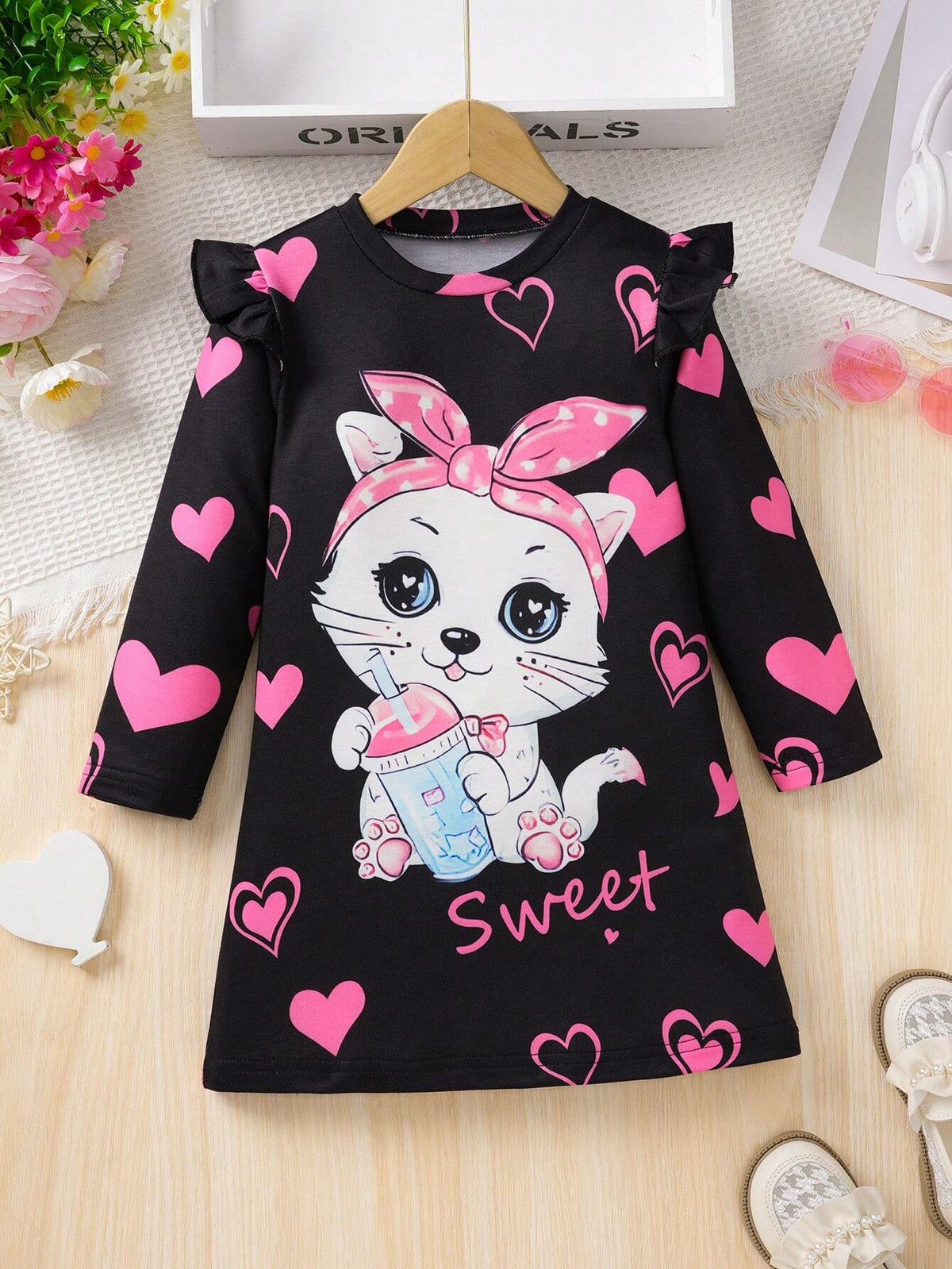 Young Girl' Cute Cat & Heart Graphic Cap Sleeve Dress