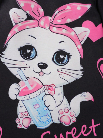 Young Girl' Cute Cat & Heart Graphic Cap Sleeve Dress