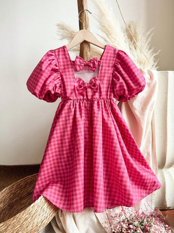 Young Girl Cute Checkered Backstrap Square Neck Lantern Sleeve Dress, Suitable For Summer