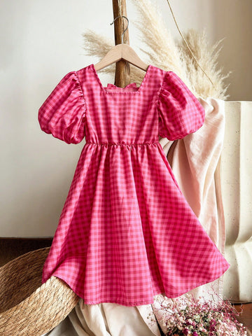 Young Girl Cute Checkered Backstrap Square Neck Lantern Sleeve Dress, Suitable For Summer