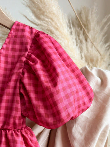 Young Girl Cute Checkered Backstrap Square Neck Lantern Sleeve Dress, Suitable For Summer