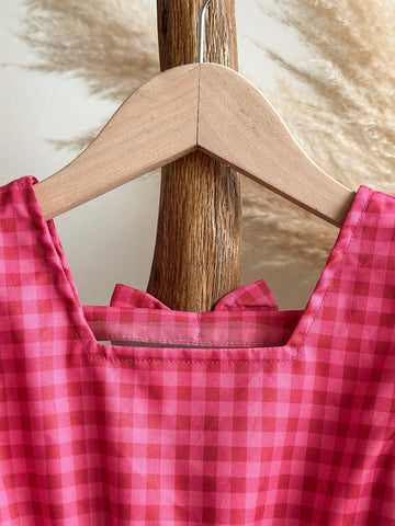 Young Girl Cute Checkered Backstrap Square Neck Lantern Sleeve Dress, Suitable For Summer