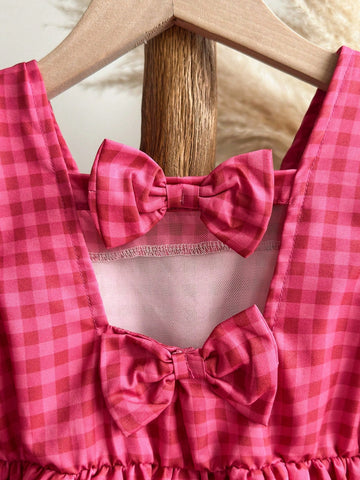 Young Girl Cute Checkered Backstrap Square Neck Lantern Sleeve Dress, Suitable For Summer