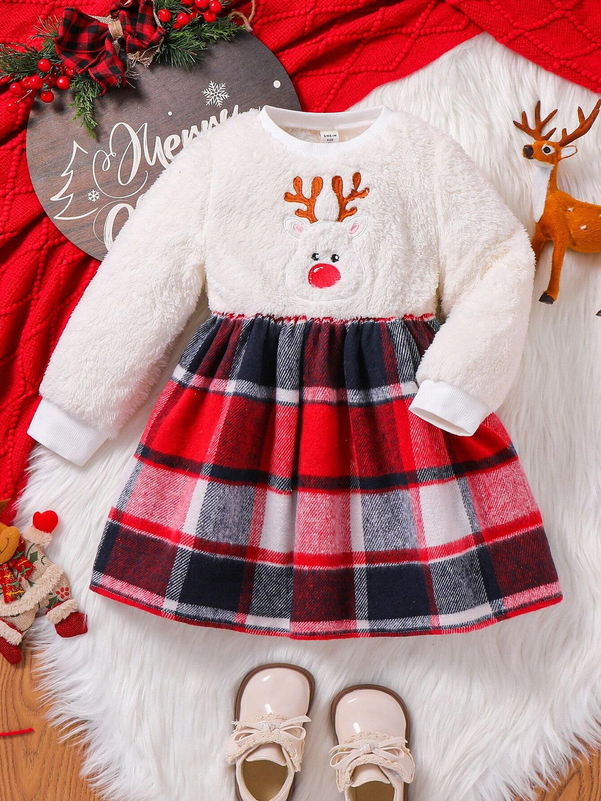 Young Girl Cute Christmas Embroidered Plush Patchwork Plaid Long Sleeve Dress, Warm & Casual