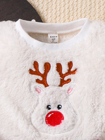 Young Girl Cute Christmas Embroidered Plush Patchwork Plaid Long Sleeve Dress, Warm & Casual