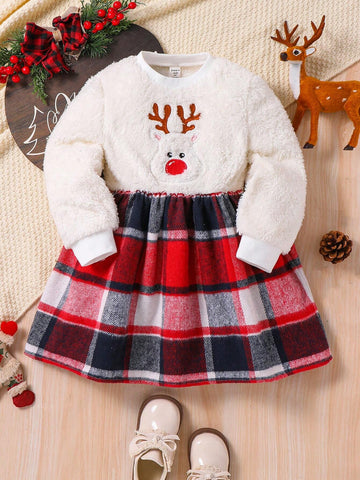 Young Girl Cute Christmas Embroidered Plush Patchwork Plaid Long Sleeve Dress, Warm & Casual
