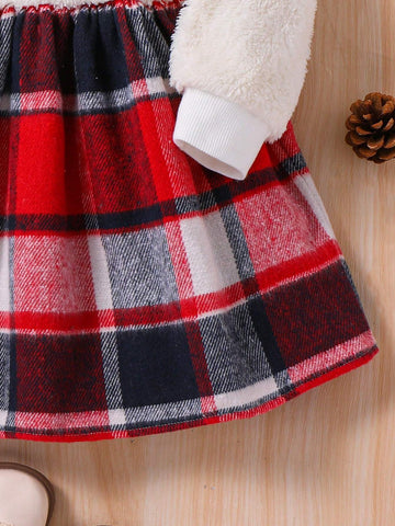 Young Girl Cute Christmas Embroidered Plush Patchwork Plaid Long Sleeve Dress, Warm & Casual