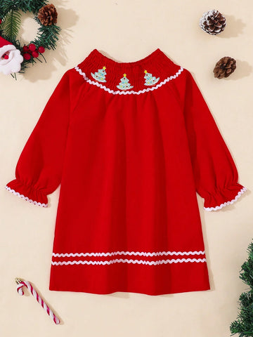 Young Girl Cute Christmas Tree Embroidery Lantern Sleeve Casual Dress, Suitable For Autumn/Winter