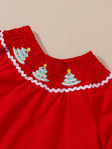 Young Girl Cute Christmas Tree Embroidery Lantern Sleeve Casual Dress, Suitable For Autumn/Winter