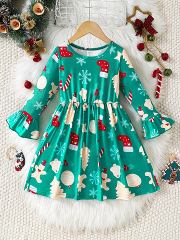 Young Girl Cute Christmas Tree Print Crew Neck Dress, Suitable For Christmas Party Outfit