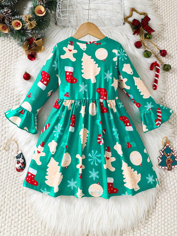 Young Girl Cute Christmas Tree Print Crew Neck Dress, Suitable For Christmas Party Outfit