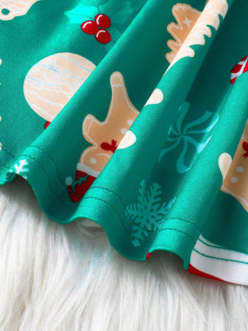 Young Girl Cute Christmas Tree Print Crew Neck Dress, Suitable For Christmas Party Outfit