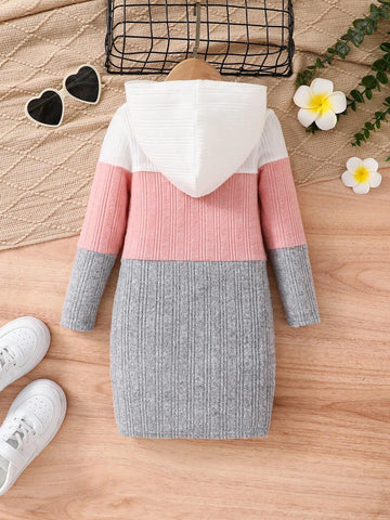 Young Girl Cute Colorblock Ribbed Knit Hooded Dress, Warm And Comfortable Long Sleeve ,Great For Casual & Daily Wear & School Daily In Autumn & Winter