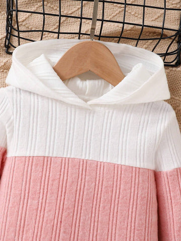 Young Girl Cute Colorblock Ribbed Knit Hooded Dress, Warm And Comfortable Long Sleeve ,Great For Casual & Daily Wear & School Daily In Autumn & Winter