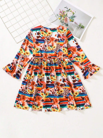 Young Girl Cute Cow Daisy Print Long Sleeve Flared Cuff Comfortable Knitted Fabric Holiday & Casual Dress
